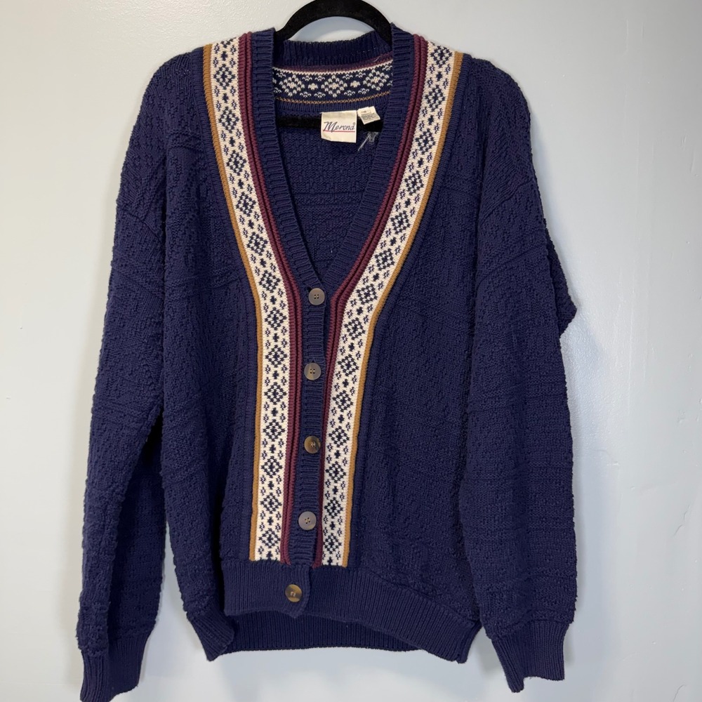 Vintage Merona Navy Blue Textured Cotton Grandpa Cardigan Fair Isle Trim Small